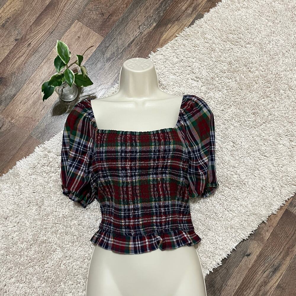 American Eagle Medium Plaid Smock Puff Sleeve Ruffle Square Neckline Top - Picture 1 of 6